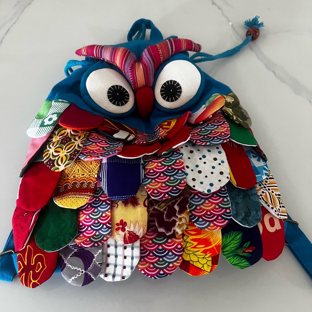 Handmade Multicolor Owl Patchwork Backpack - Blue Base - Picture 1 of 8